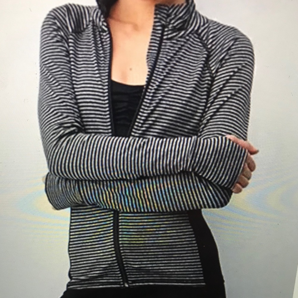 Black and gray striped workout zip-up long sleeve
